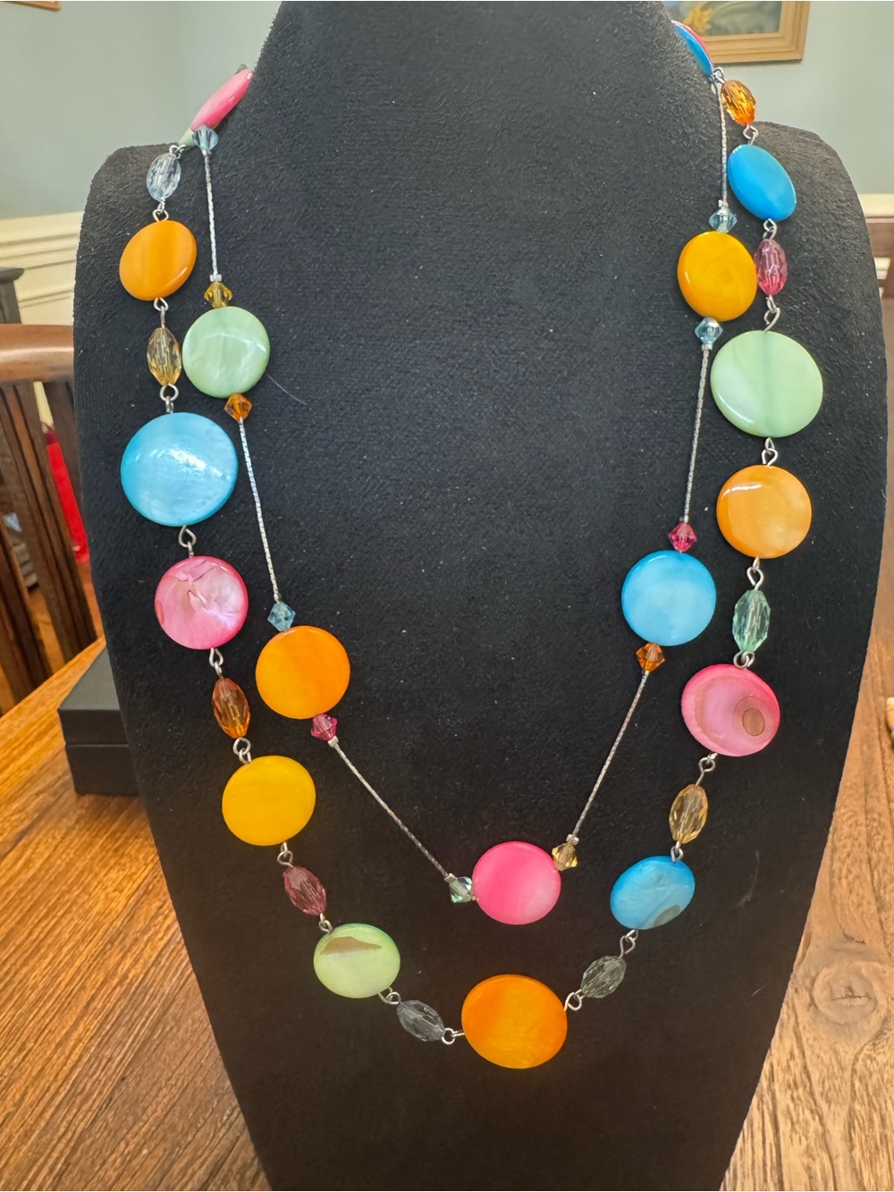Multicolor Disc Bead Layered Necklace Pink Blue Orange Green Statement Jewelry